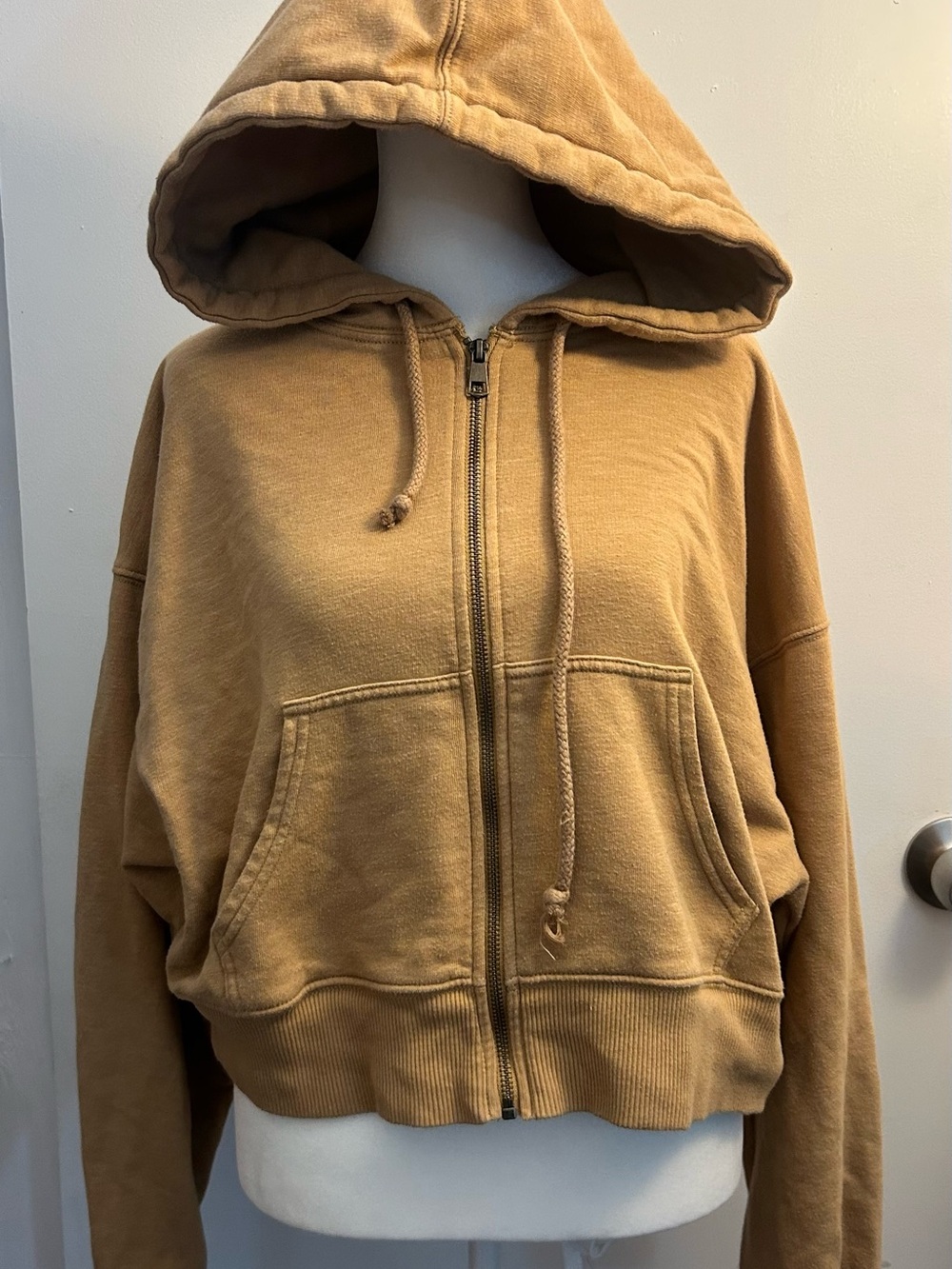 American Eagle Cropped Full-Zip Hoodie Camel Tan Brown - Size M